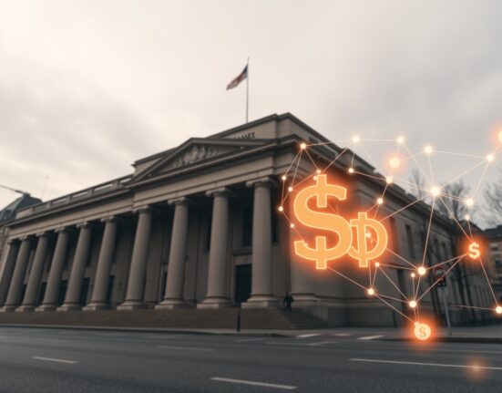 Exterior of the Bank for International Settlements headquarters with digital blockchain overlay symbolizing stablecoin regulation concerns.