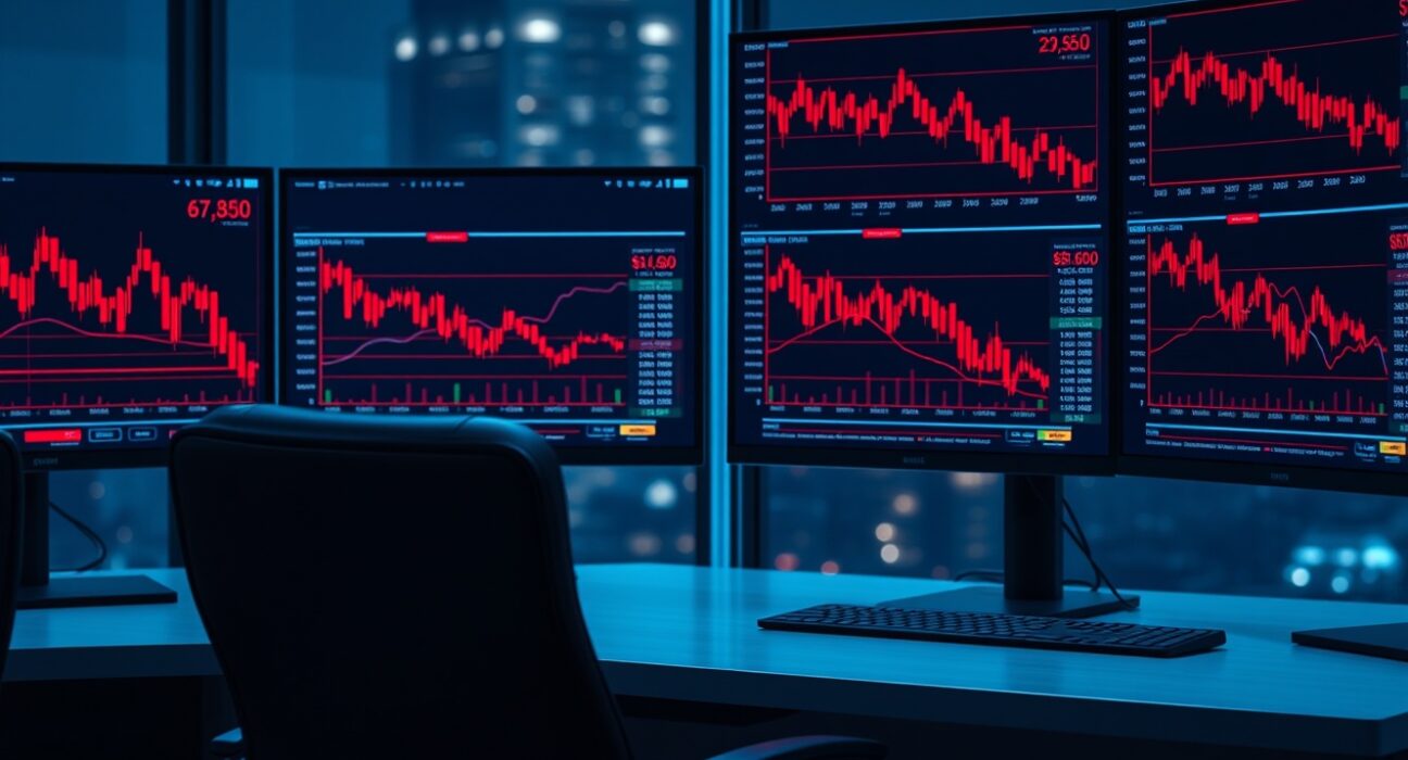 Trading desk monitors showing red charts and losses for Bitcoin and Ethereum