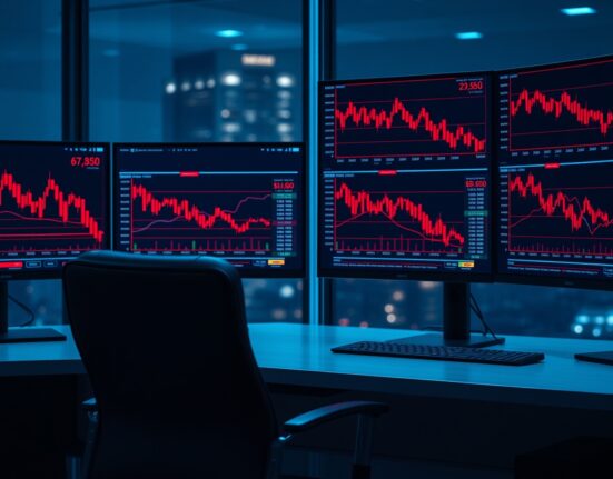 Trading desk monitors showing red charts and losses for Bitcoin and Ethereum