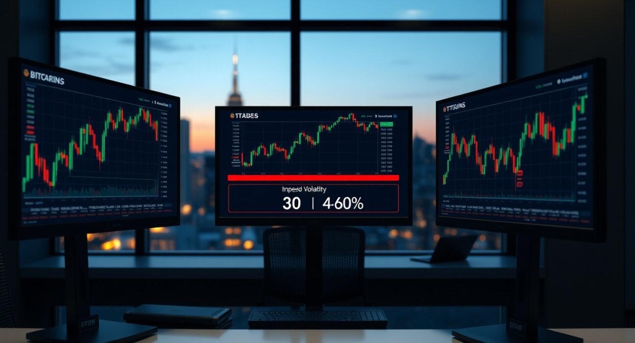 Professional trading desk with monitors showing Bitcoin price charts and falling implied volatility indicator.