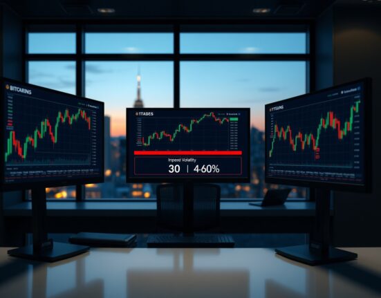 Professional trading desk with monitors showing Bitcoin price charts and falling implied volatility indicator.
