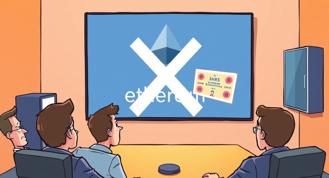 Cartoon illustrating the delay of the Bit Digital ETH proposal due to a failed vote, showing disappointed executives.