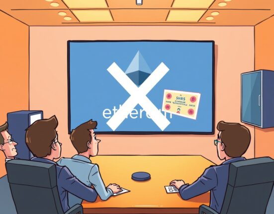 Cartoon illustrating the delay of the Bit Digital ETH proposal due to a failed vote, showing disappointed executives.