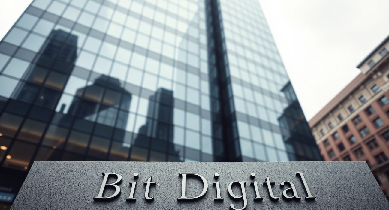 Bit Digital corporate headquarters building exterior on a cloudy day, reflecting a serious financial tone.