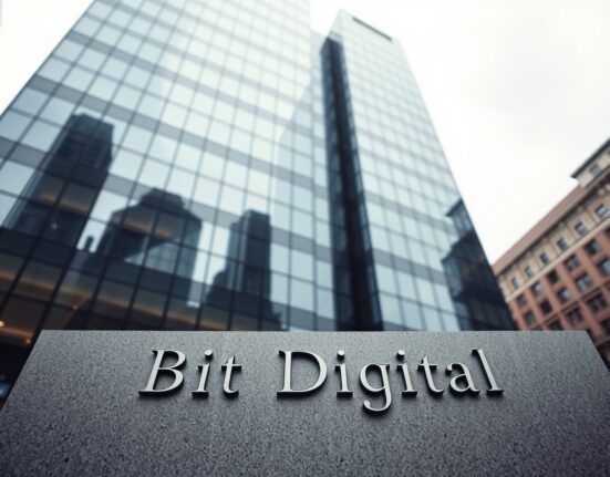 Bit Digital corporate headquarters building exterior on a cloudy day, reflecting a serious financial tone.