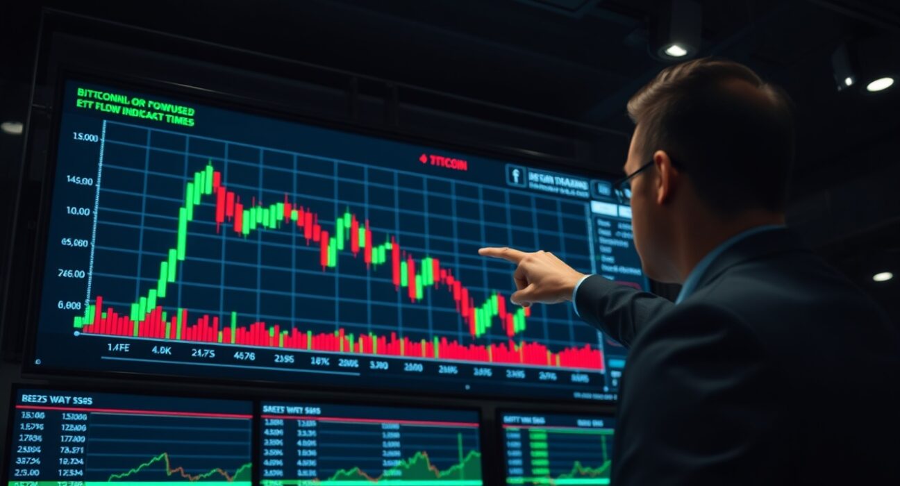 Financial analyst reviewing Bitcoin chart showing sideways price action and ETF outflow data on a trading floor monitor