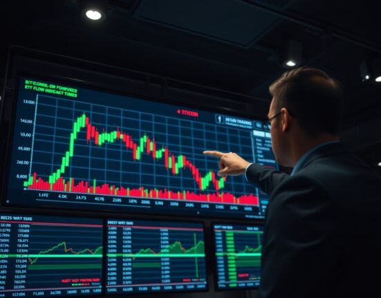 Financial analyst reviewing Bitcoin chart showing sideways price action and ETF outflow data on a trading floor monitor