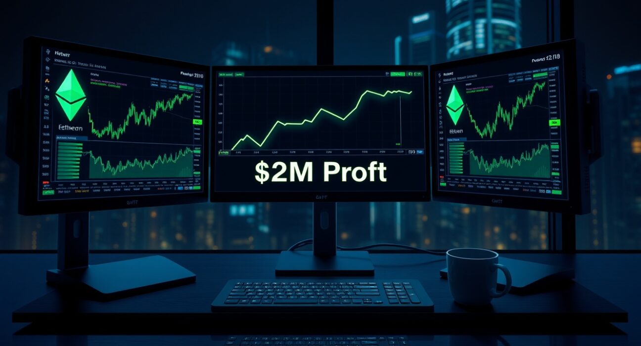 BIT-linked address nets $2M profit from ETH long position, displayed on a trading desk monitor.