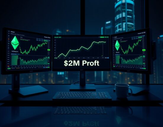 BIT-linked address nets $2M profit from ETH long position, displayed on a trading desk monitor.