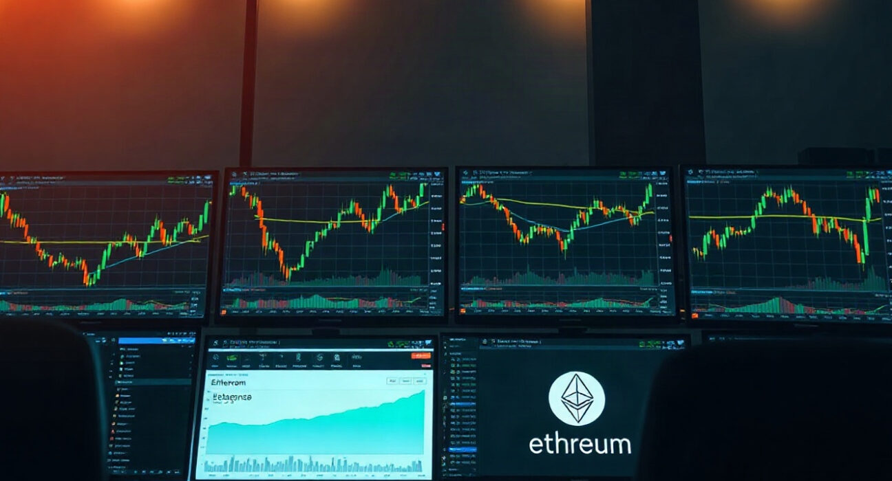 Trading screens showing Bitcoin and Ethereum charts with a wallet interface, symbolizing on-chain profit-taking.
