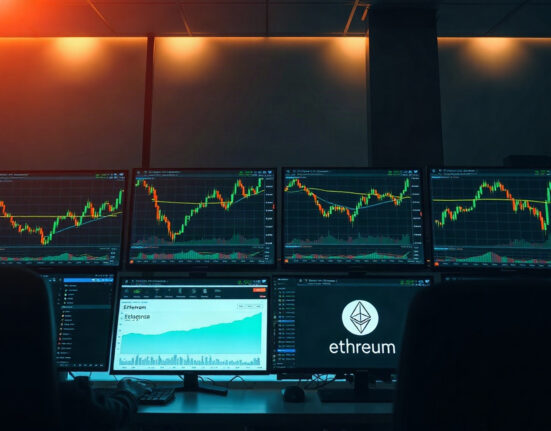 Trading screens showing Bitcoin and Ethereum charts with a wallet interface, symbolizing on-chain profit-taking.