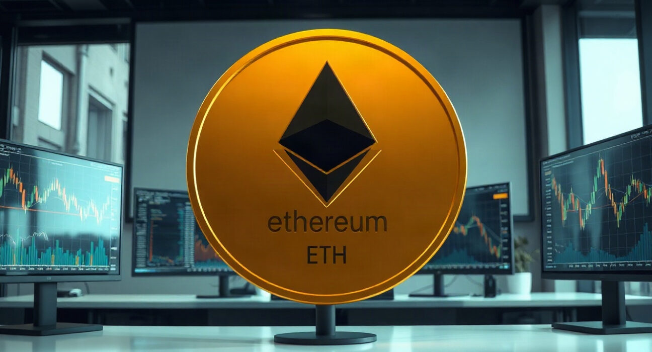 Ethereum token on a trading desk with charts in background, representing whale activity.