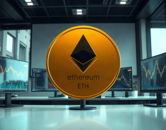 Ethereum token on a trading desk with charts in background, representing whale activity.