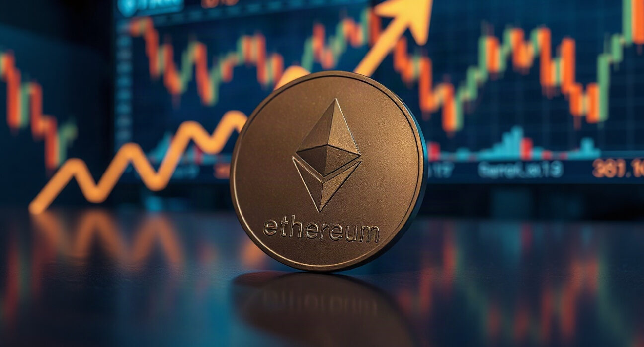 Ethereum coin on trading floor with charts in background, representing whale activity