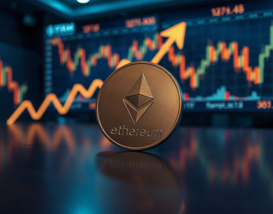 Ethereum coin on trading floor with charts in background, representing whale activity