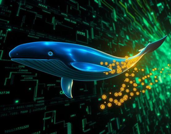 Digital whale swimming through blockchain data streams with HYPE tokens