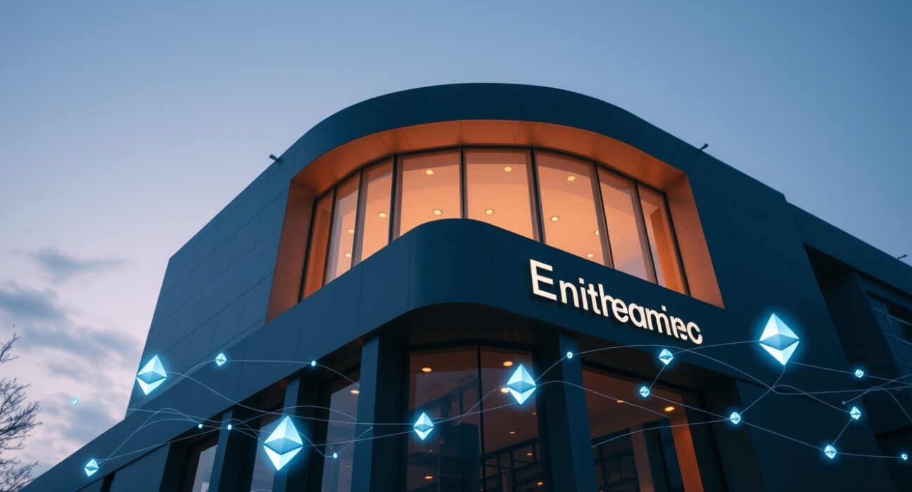 Modern financial building with digital Ethereum symbols representing a large institutional crypto withdrawal.