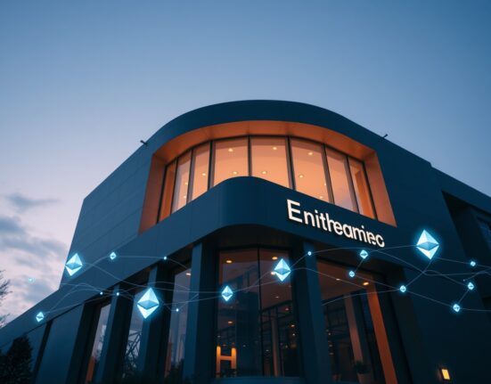 Modern financial building with digital Ethereum symbols representing a large institutional crypto withdrawal.
