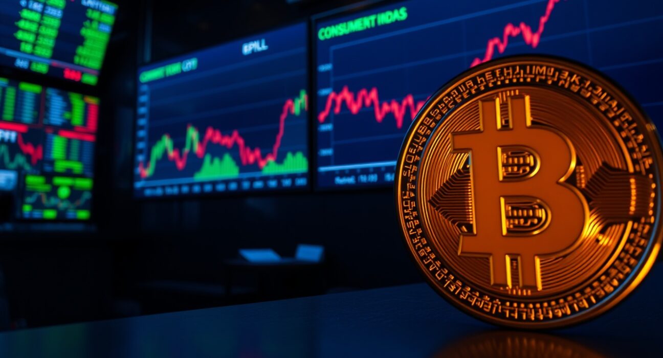 Bitcoin coin in foreground with US CPI chart on a trading screen in background, representing market anticipation of inflation data.