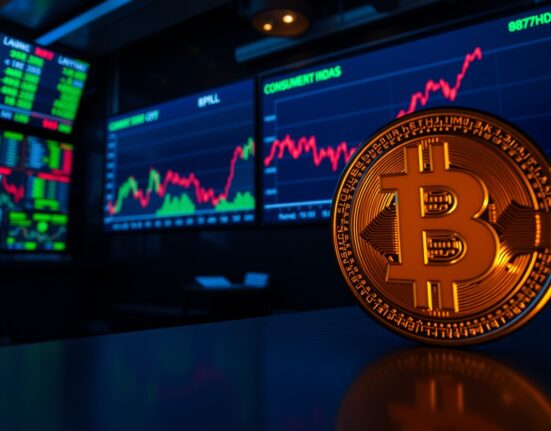 Bitcoin coin in foreground with US CPI chart on a trading screen in background, representing market anticipation of inflation data.