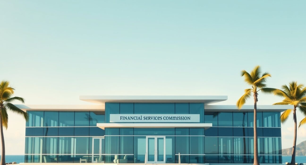 Modern financial services building in the British Virgin Islands representing regulatory approval for BIT's virtual asset license.