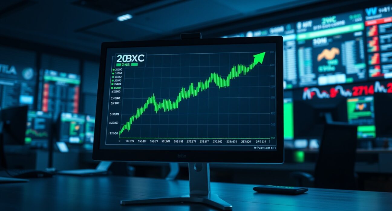 A trading screen displaying a Bitcoin chart with a 20x long position indicator in a professional trading environment.