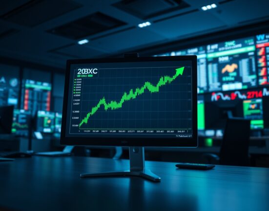 A trading screen displaying a Bitcoin chart with a 20x long position indicator in a professional trading environment.