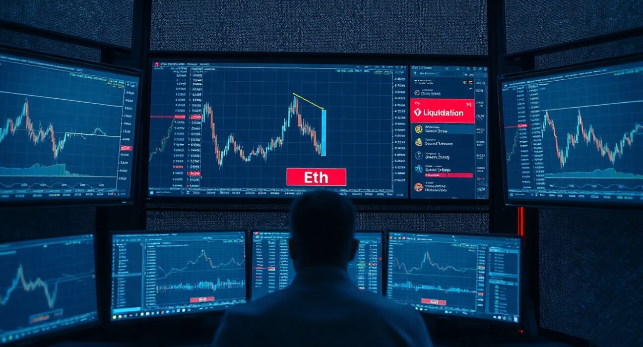 Ethereum price chart showing liquidation risk on a trading monitor in a dimly lit trading floor.