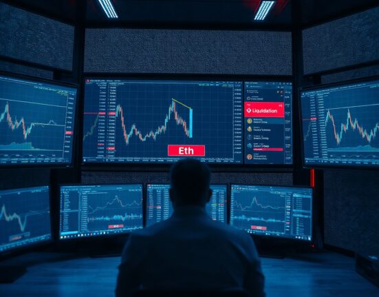 Ethereum price chart showing liquidation risk on a trading monitor in a dimly lit trading floor.