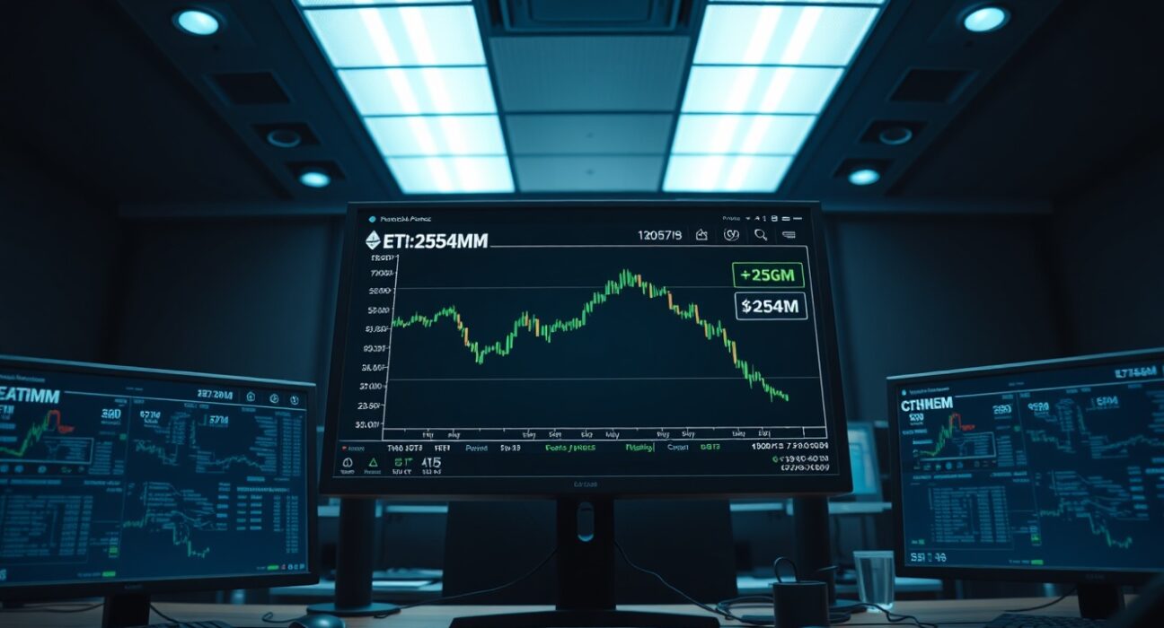 Trading desk monitor showing a large ETH long position of $254 million with price charts in a professional office setting.
