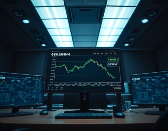 Trading desk monitor showing a large ETH long position of $254 million with price charts in a professional office setting.