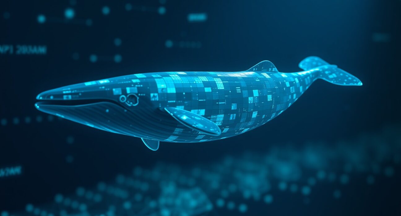 Digital whale symbolizing a large cryptocurrency holder swimming through blockchain data streams.