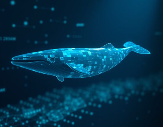 Digital whale symbolizing a large cryptocurrency holder swimming through blockchain data streams.