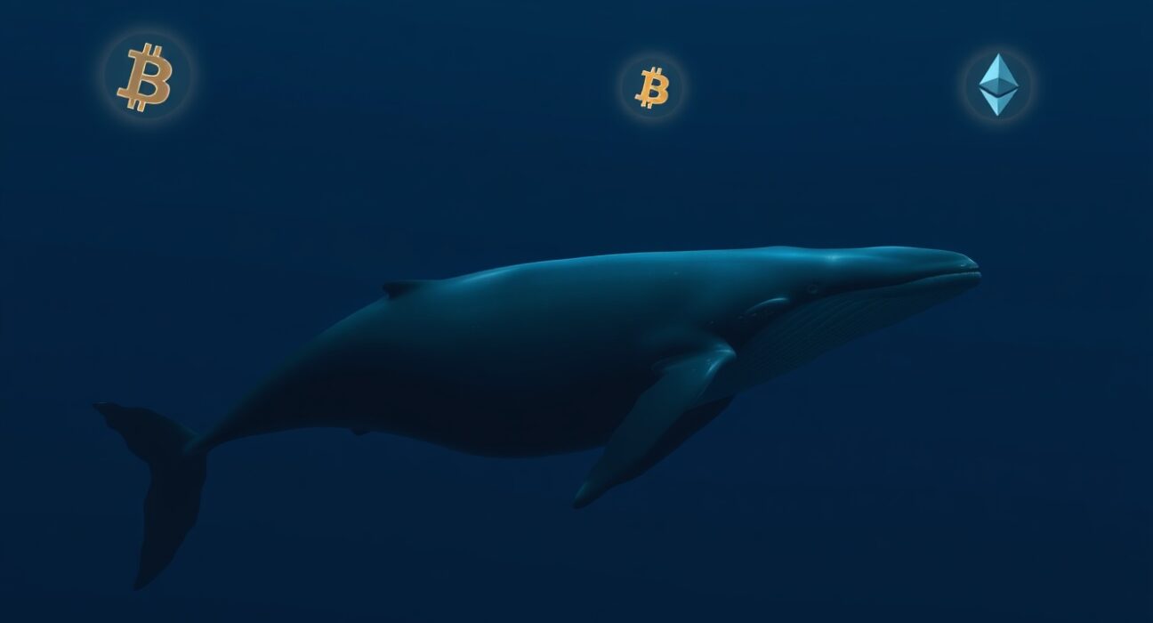 A whale representing a major crypto investor taking profit on Bitcoin and Ethereum positions.