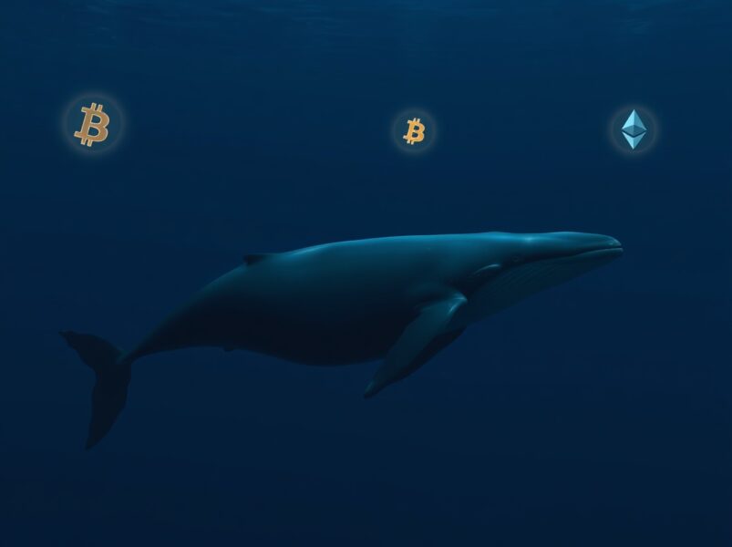 A whale representing a major crypto investor taking profit on Bitcoin and Ethereum positions.