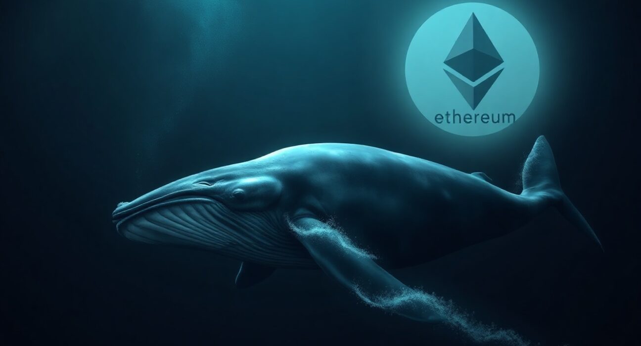 A whale symbolizing a large crypto investor underwater with a faint Ethereum logo in the background, representing unrealized losses on a leveraged ETH position.