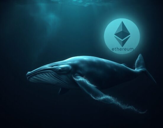 A whale symbolizing a large crypto investor underwater with a faint Ethereum logo in the background, representing unrealized losses on a leveraged ETH position.