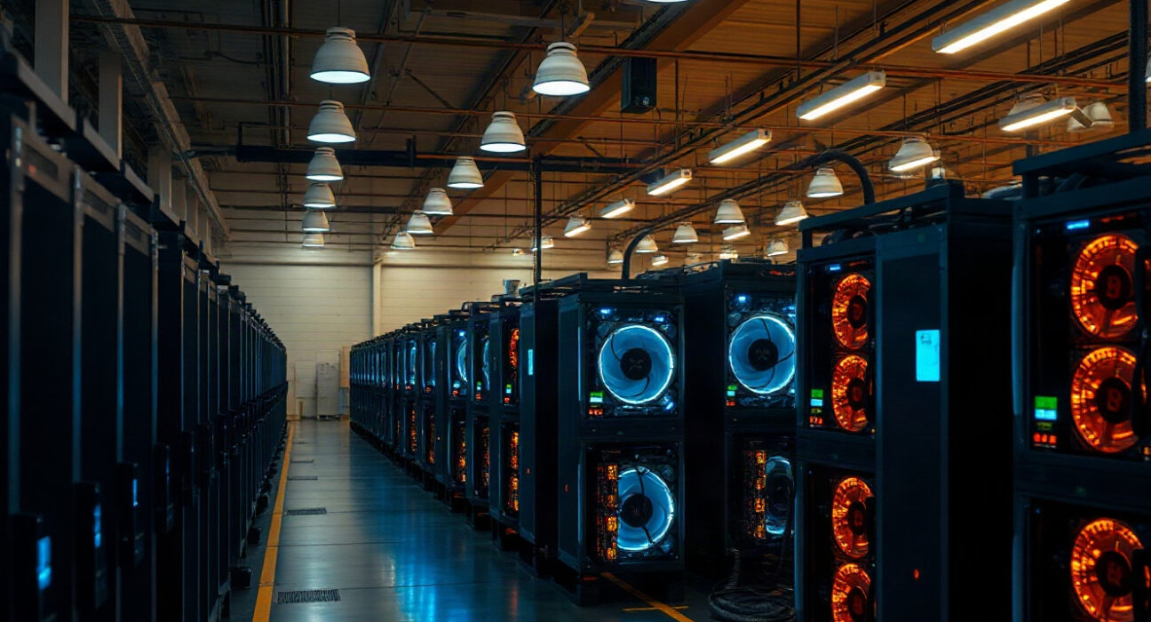 Bitcoin mining rigs in a large facility, representing Bitari's expansion plans