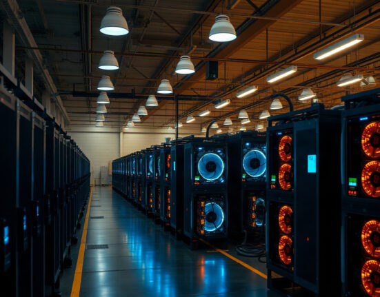 Bitcoin mining rigs in a large facility, representing Bitari's expansion plans
