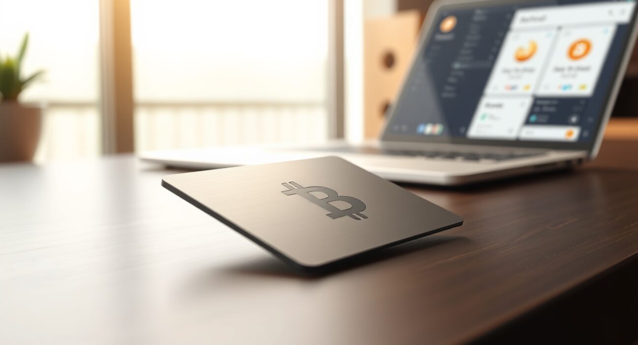 Bitbank crypto payment card on a desk with Bitcoin symbol, representing the new crypto credit card settlement feature.