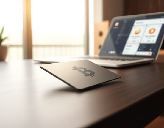 Bitbank crypto payment card on a desk with Bitcoin symbol, representing the new crypto credit card settlement feature.