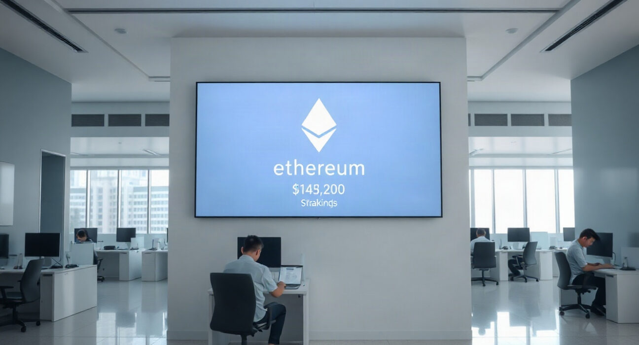 Bitbank exchange office in Tokyo with a large digital display showing the Ethereum staking service.
