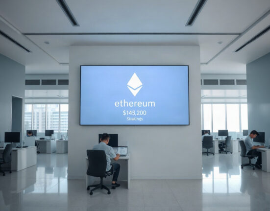 Bitbank exchange office in Tokyo with a large digital display showing the Ethereum staking service.