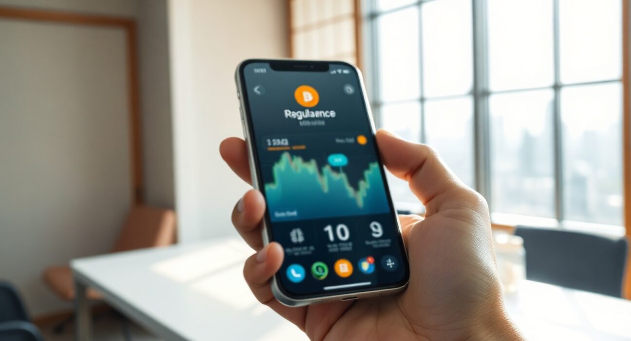 Hand holding smartphone with crypto exchange interface in a Tokyo office setting