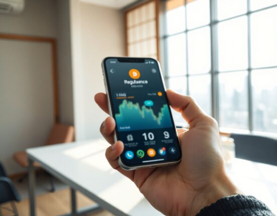 Hand holding smartphone with crypto exchange interface in a Tokyo office setting