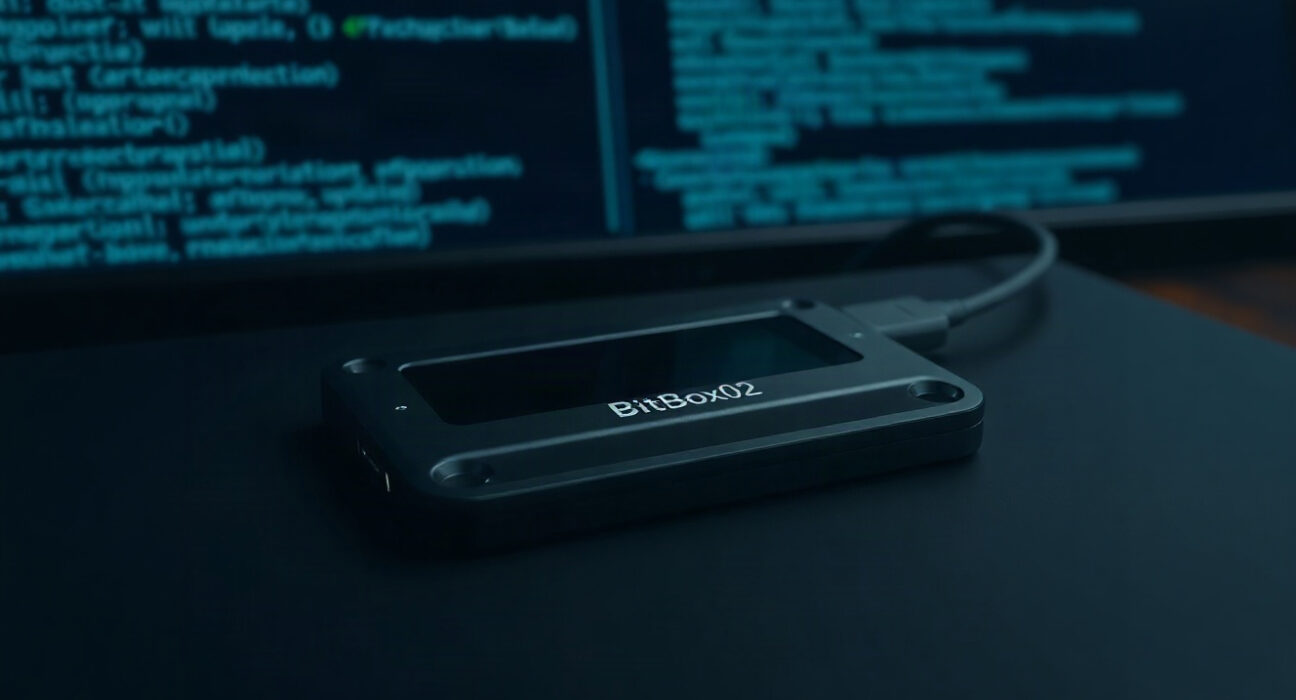 BitBox02 hardware wallet connected to a computer for firmware update, representing the security patch.