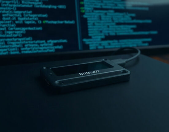 BitBox02 hardware wallet connected to a computer for firmware update, representing the security patch.