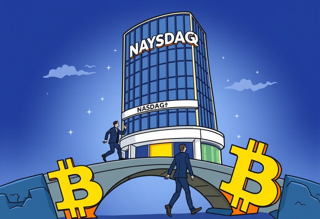 A cartoon illustration showing BitBridge Capital Strategies advancing towards a Nasdaq listing, powered by Bitcoin investment.