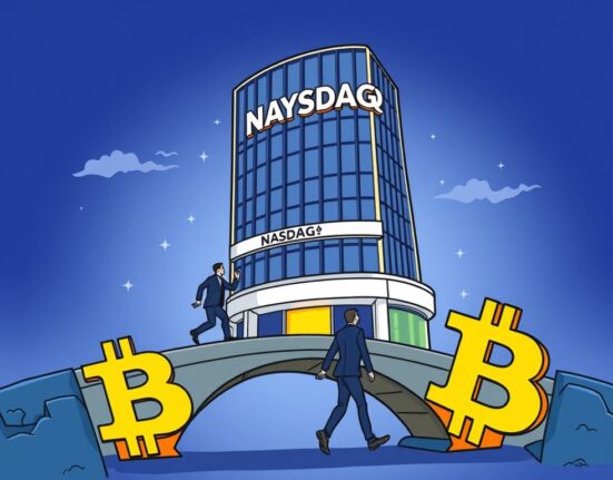 A cartoon illustration showing BitBridge Capital Strategies advancing towards a Nasdaq listing, powered by Bitcoin investment.