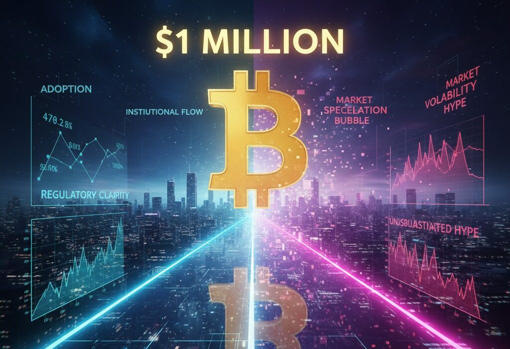 A golden Bitcoin symbol hovers above a futuristic cityscape, bisected by blue and pink data streams and charts representing factors for and against its $1 million price target, under the headline "Bitcoin's $1 Million Price Target: Feasible Path or Bullish Mirage?"